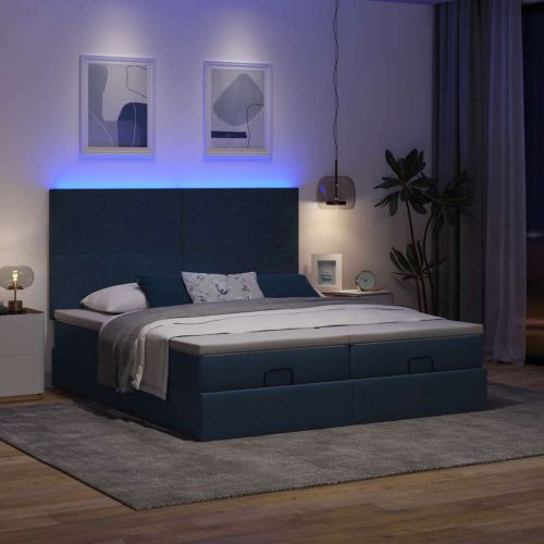 Османска легло с матрак и LED, синьо, 200x200 см, плат