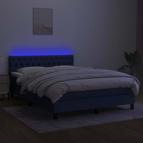 Боксспринг легло с матрак и LED, синьо, 140x200 см, плат