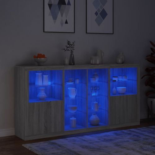 Сайдборд с LED светлини, сив сонома, 202x37x100 см