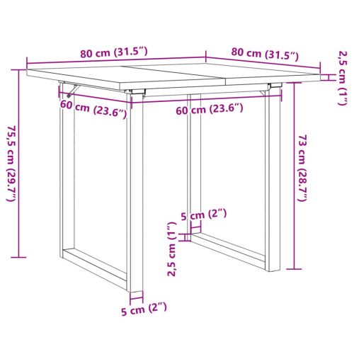 Трапезна маса О-образна рамка 80x80x75,5 см бор масив и стомана