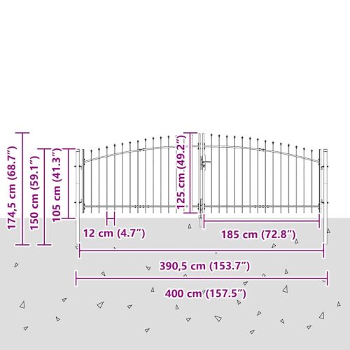 Двойна порта WOERDEN 400 x 174,5 см Стомана Сиво С ключалка