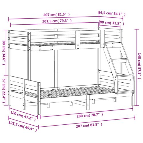Двуетажно легло, 80x200/120x200 см, борово дърво масив