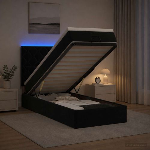 Отоман с матрак и LED с LED ленти Черно 90 x 190 cm Кадифе