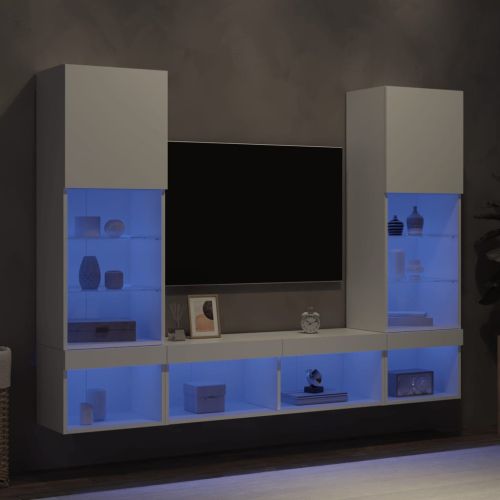 ТВ стенни модули с LED, 5 части, бели, инженерно дърво
