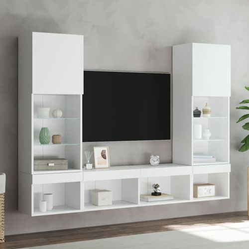 ТВ стенни модули с LED, 5 части, бели, инженерно дърво