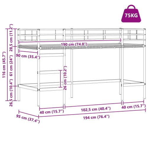 Легло на двуетажно легло за деца Черно 90 x 190 cm Стомана