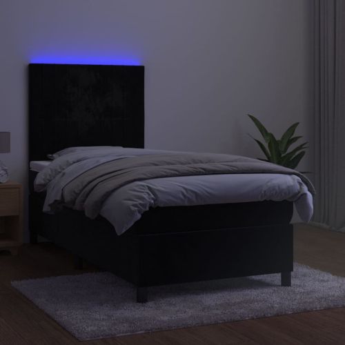 Боксспринг легло с матрак и LED, черно, 90x200 см, кадифе