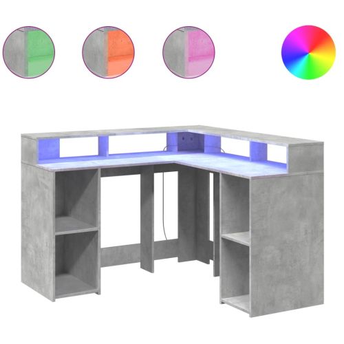 Бюро с LED, бетонно сиво, 130x130x91 см, инженерно дърво