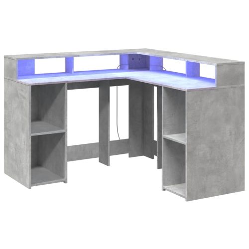Бюро с LED, бетонно сиво, 130x130x91 см, инженерно дърво