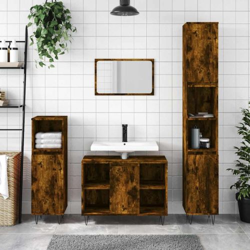Шкаф за баня, опушен дъб, 30x30x100 см, инженерно дърво