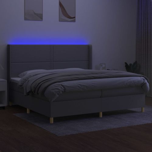 Боксспринг легло с матрак и LED, светлосиво, 200x200 см, плат
