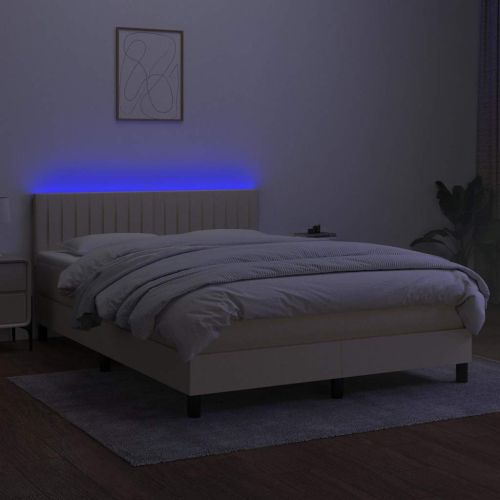 Боксспринг легло с матрак и LED, кремаво, 140x190 см, плат