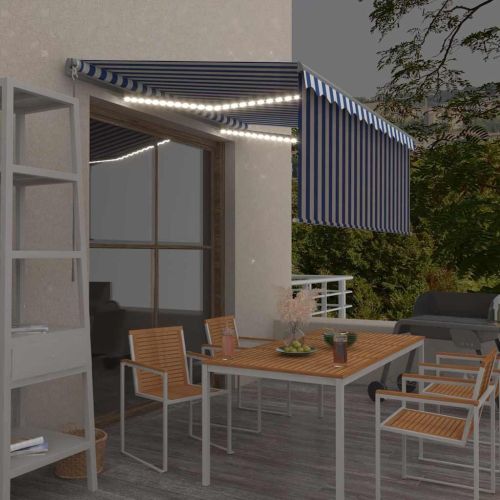 Ръчно прибиращ се сенник с щора и LED, 3,5x2,5 м, синьо и бяло