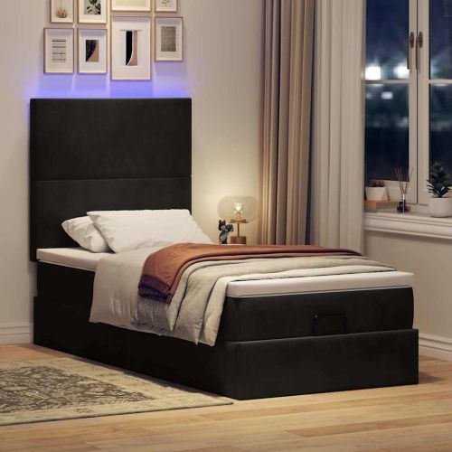 Османска легло с матраци и LED, черно, 90x200 см, кадифе