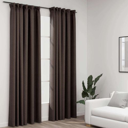 Затъмняващи завеси с куки имитация лен 2 бр таупе 140x225 см