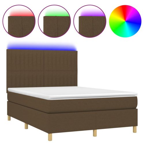 Боксспринг легло с матрак и LED, тъмнокафяво, 140x190 см, плат