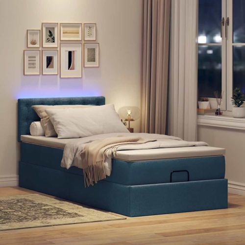 Османска легло с матрак и LED, синьо, 100x200 см, плат