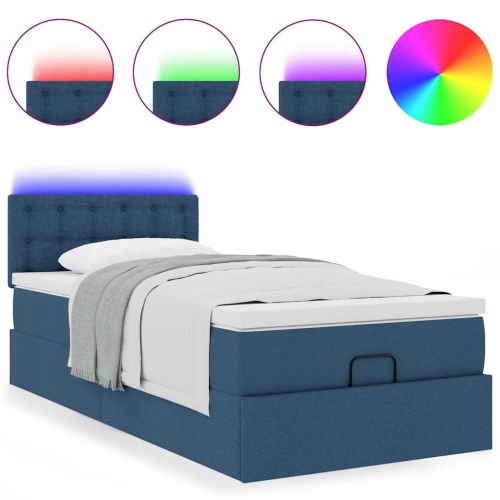 Османска легло с матрак и LED, синьо, 100x200 см, плат