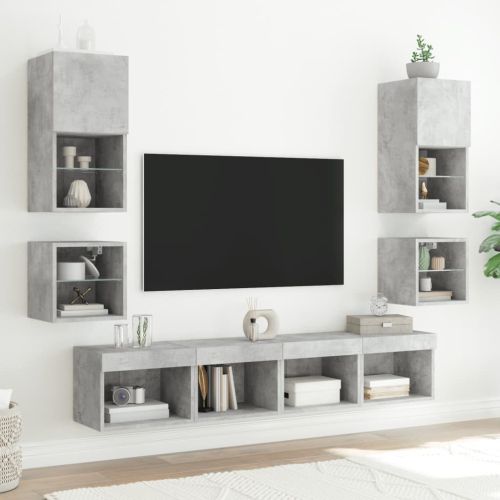 Стенен ТВ шкаф с LED осветление, бетонно сив, 30x28,5x30 см