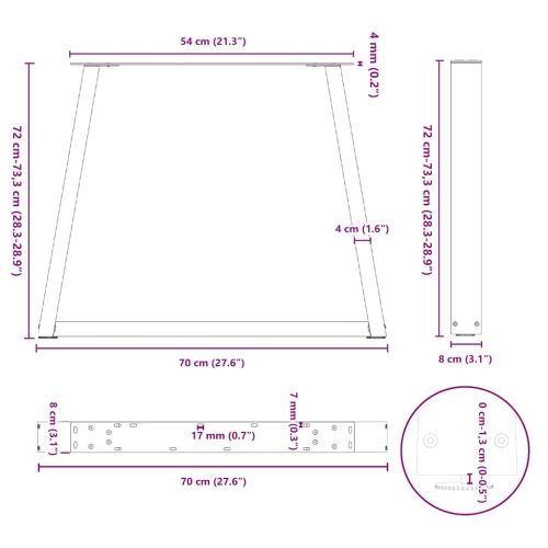 Крака за трапезна маса, V-образни, 3 бр., естествена стомана, 70 x (72-73,3) см, стомана