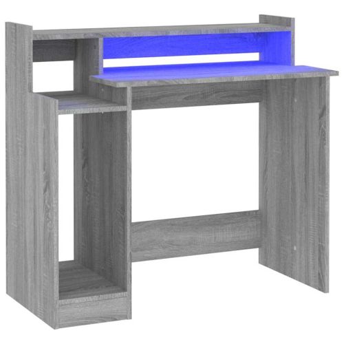 Бюро с LED осветление, сив сонома, 97x45x90 см, инженерно дърво