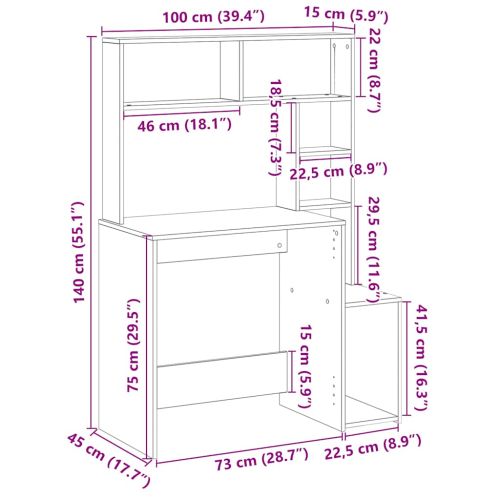 Бюро с рафтове, бетонно сиво, 100x45x140 см, инженерно дърво