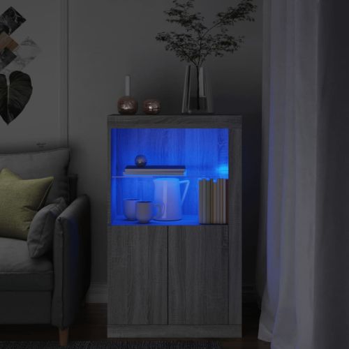 Страничен шкаф с LED осветление, сив сонома, инженерно дърво