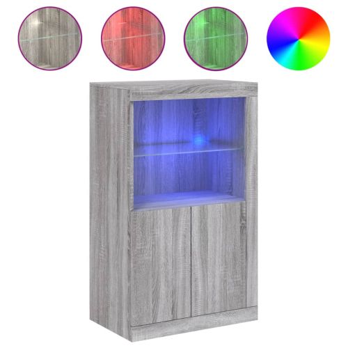 Страничен шкаф с LED осветление, сив сонома, инженерно дърво