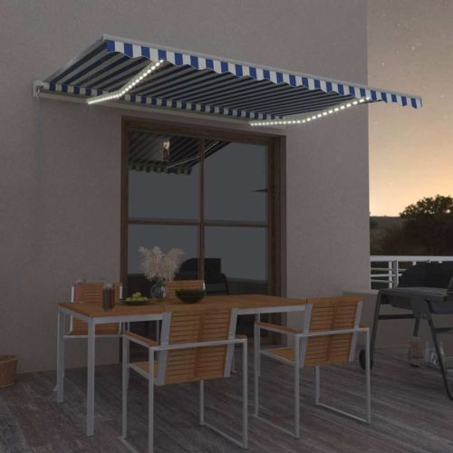 Автоматичен сенник LED сензор за вятър 450x350 см синьо и бяло