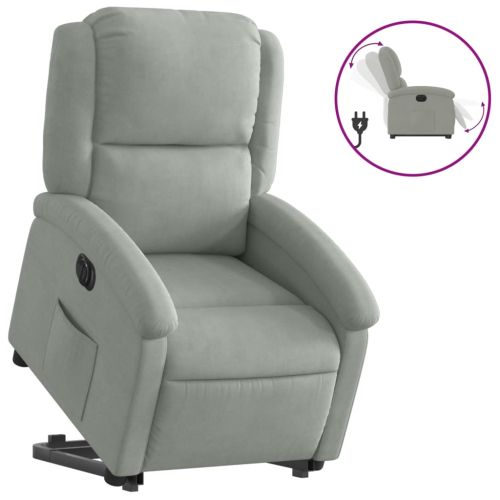 Електрически изправящ реклайнер стол, светлосив, кадифе