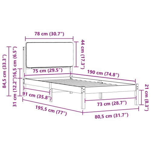 Леглова рамка с тапицирана гръбна част Светлосиво 75 x 190 cm