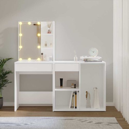 LED тоалетка с шкаф, бяла, инженерно дърво