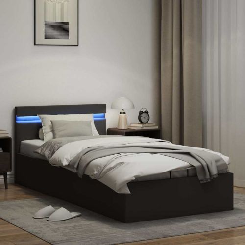 Легло с повдигащ механизъм и LED черно еко кожа 90x200 cм