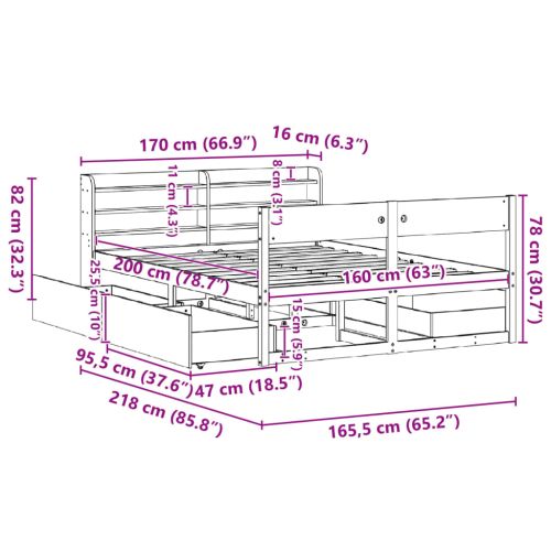 Рамка за легло без матрак, бял, 160x200 см, бор масив
