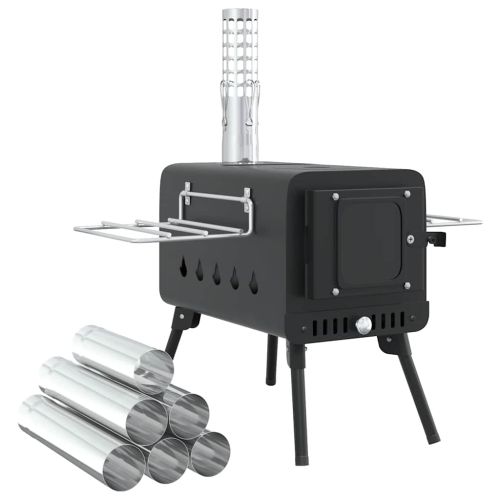 Печка за палатка на дърва комин и сгъваеми крака черна стомана