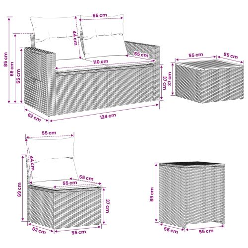 Комплект дивани 6 бр. Черно 55 x 55 x 37 см Полиротан и стомана
