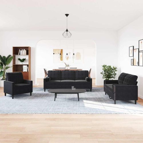 Мека мебел от 3 части с възглавници и болстери черен, кадифе