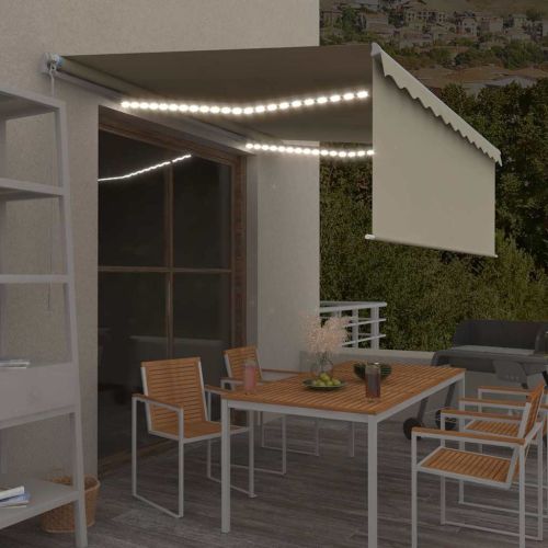 Ръчно прибиращ се сенник с щора и LED, 4x3 м, кремав