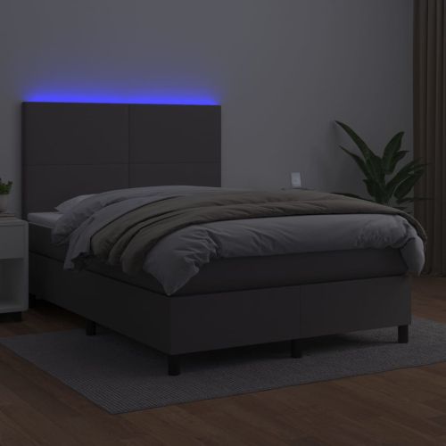 Боксспринг легло с матрак и LED сиво 140x190 см изкуствена кожа