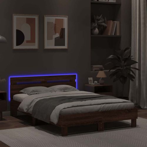 Рамка за легло с табла и LED, кафяв дъб, 120x190 см