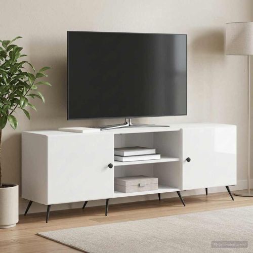 ТВ шкаф 150 x 31 x 50 см Бял гланц Инженерна дървесина