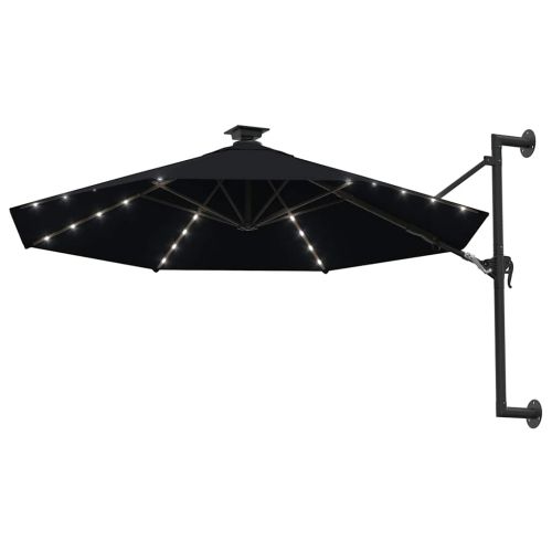 Градински чадър за монтаж на стена, с LED, 300 см, черен