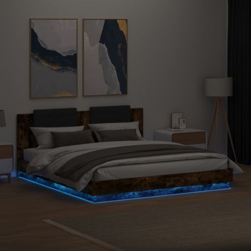 Рамка за легло с табла и LED осветление, опушен дъб, 200x200 см