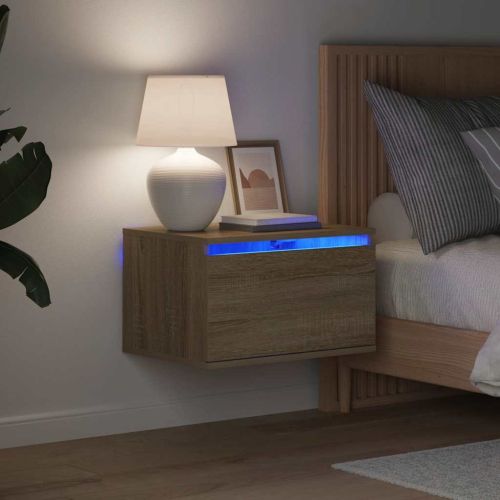 Нощно шкафче за стена с LED осветление, дъб сонома
