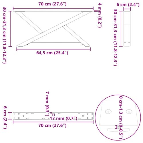 Крака за масичка за кафе, 2 бр., бели, 70 x (30-31,3) см, стомана