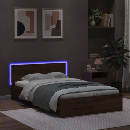 Рамка за легло с табла и LED, кафяв дъб, 140x190 см