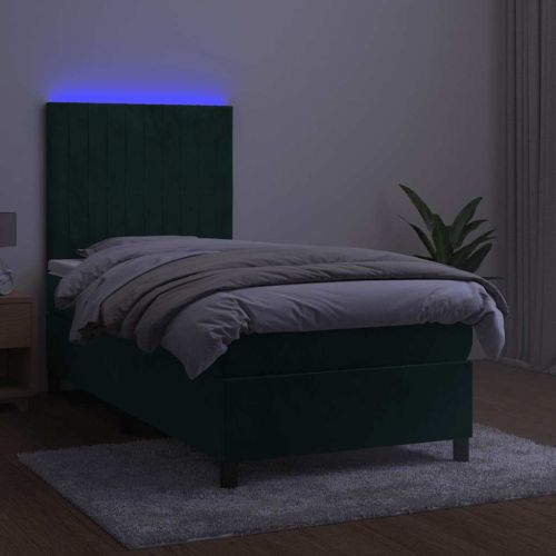 Боксспринг легло с матрак и LED, тъмнозелено, 90x200 см, кадифе