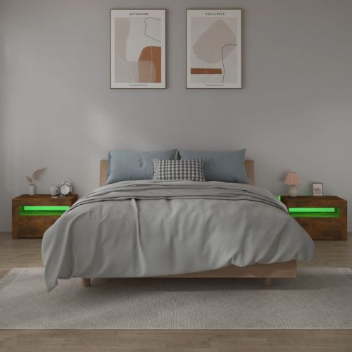 Нощни шкафчета, 2 бр, с LED, опушен дъб, 60x35x40 см
