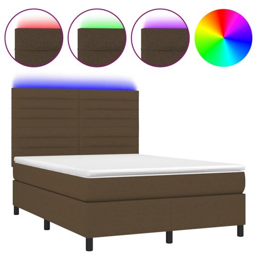 Боксспринг легло с матрак и LED, тъмнокафяво, 140x190 см, плат
