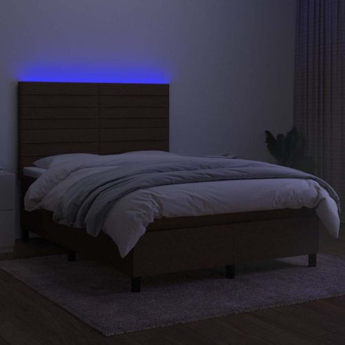 Боксспринг легло с матрак и LED, тъмнокафяво, 140x190 см, плат